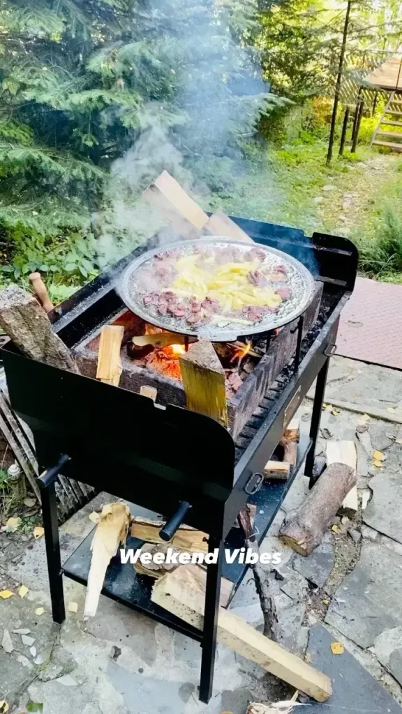 gratar cu fripturi si cartofi pregatite la cabana